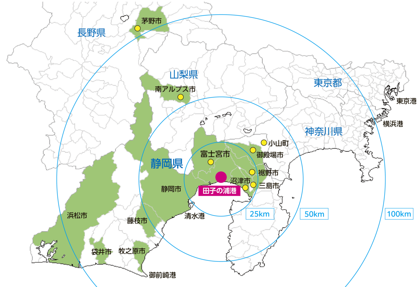 田子の浦港を中心とした各市町の位置